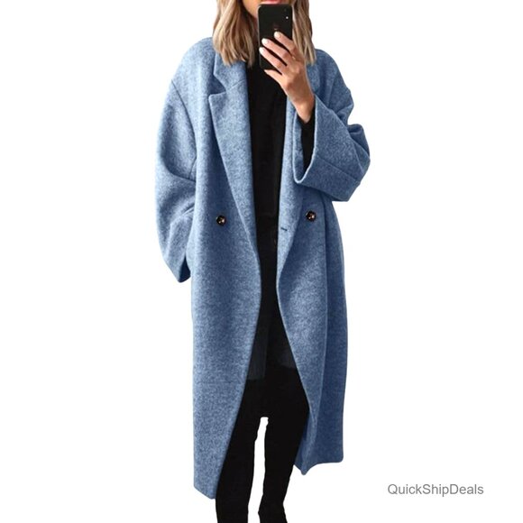 Women's Winter Wool Trench Coat Double Breasted Notch Lapel Long Sleeve